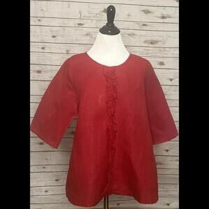 Bryn Walker tomato girl red ruffle front 3/4 length sleeve linen top Size Small